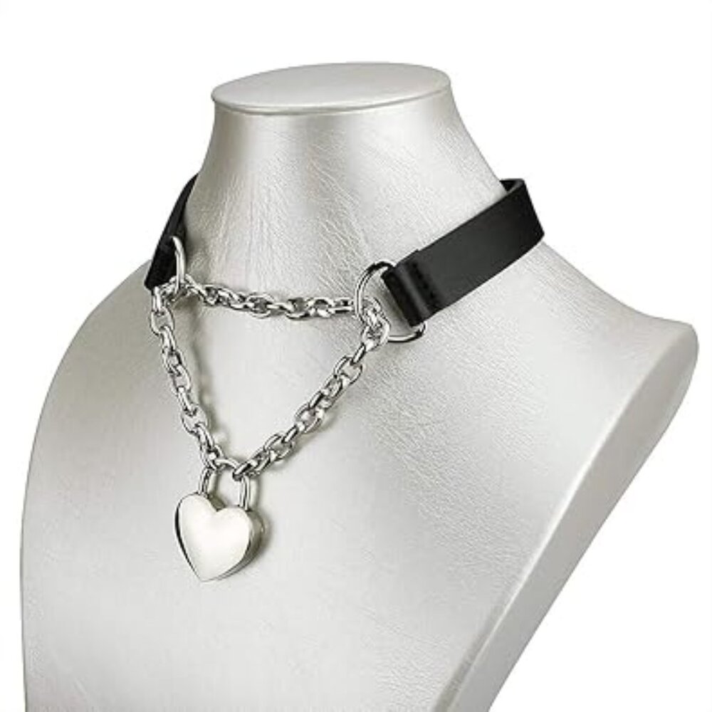 Goth Choker Necklace Leather with Heart Lock and Chain Punk